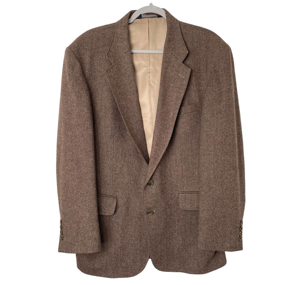 Lands End | Brown Wool Herringbone Tweed Sport Coat Jacket Two Button | 42R